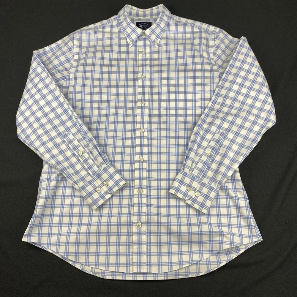 Charles Tyrwhitt Shirt Mens Large Blue/White Checks Slim Fit Non Iron